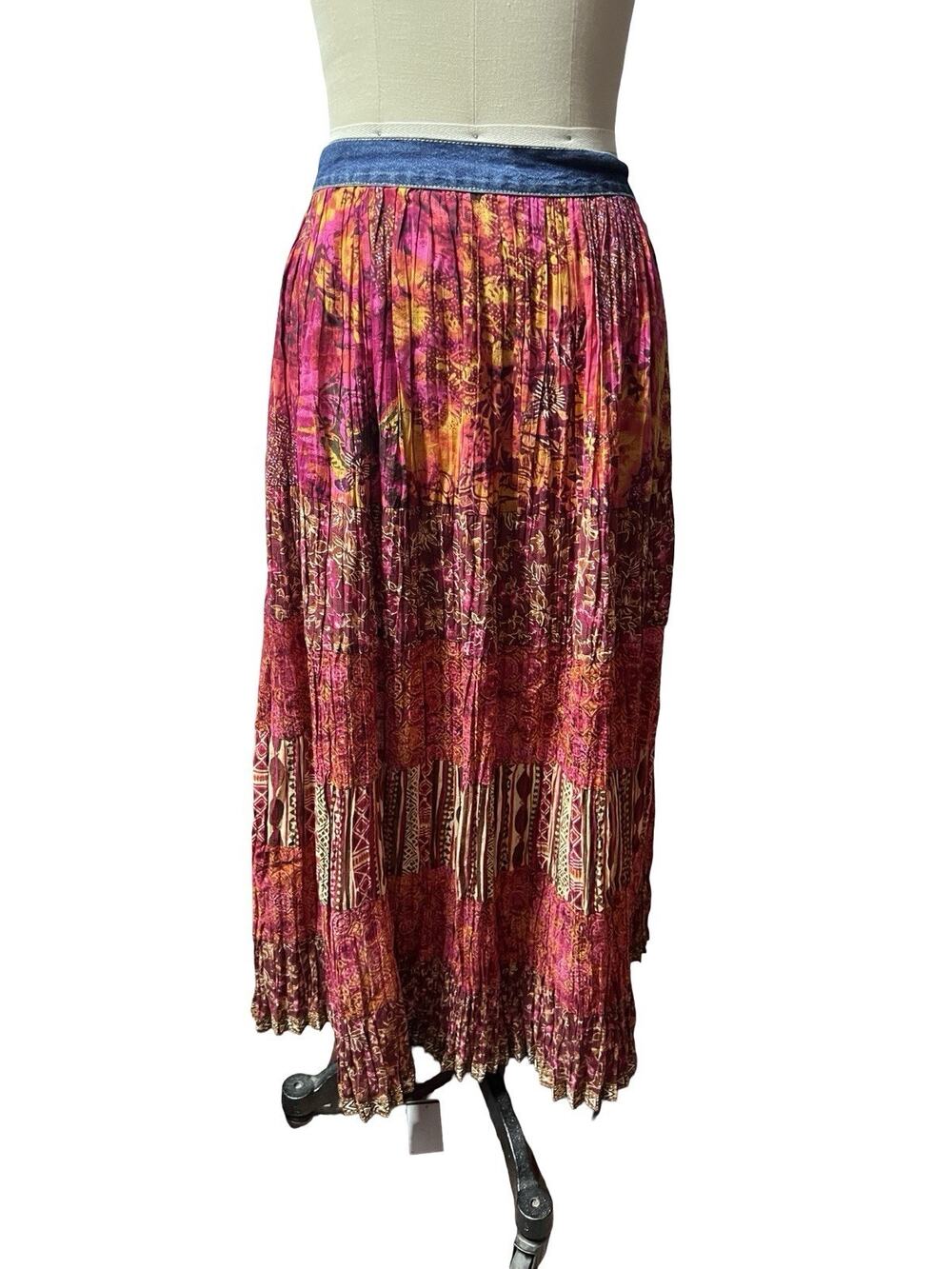 Vintage St Johns Bay Skirt SZ 12 Maxi Cotton Gauze Boho Skirt Denim Waistband